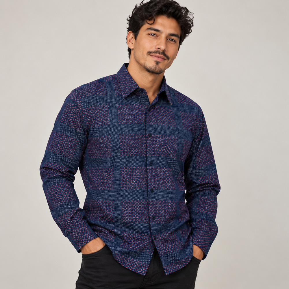 Platini Men’s Navy Red blue Polka Dot Long Sleeve Button Up Shirt 3XL